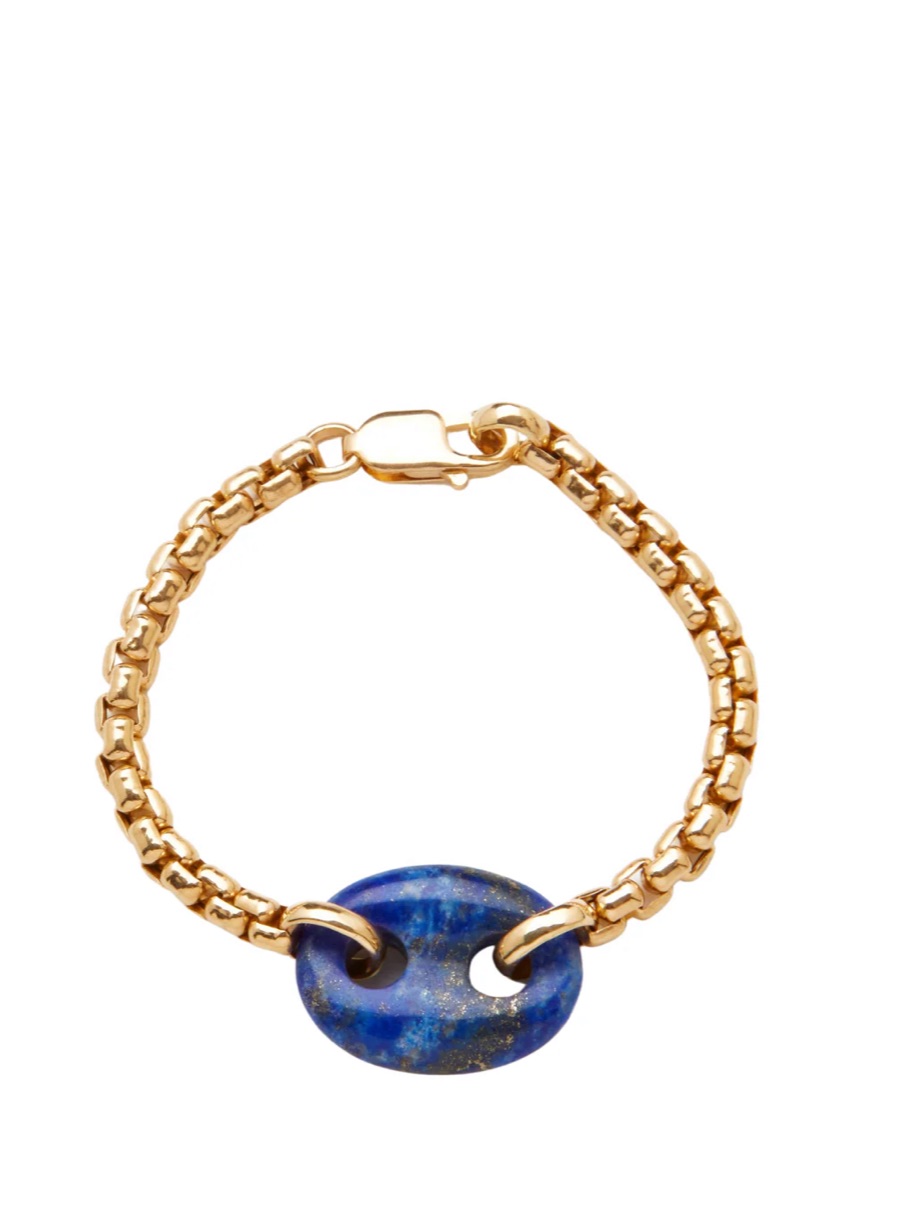 Single Stone Mariner Link Bracelet - Gold Plated With Lapis Blue Stone
